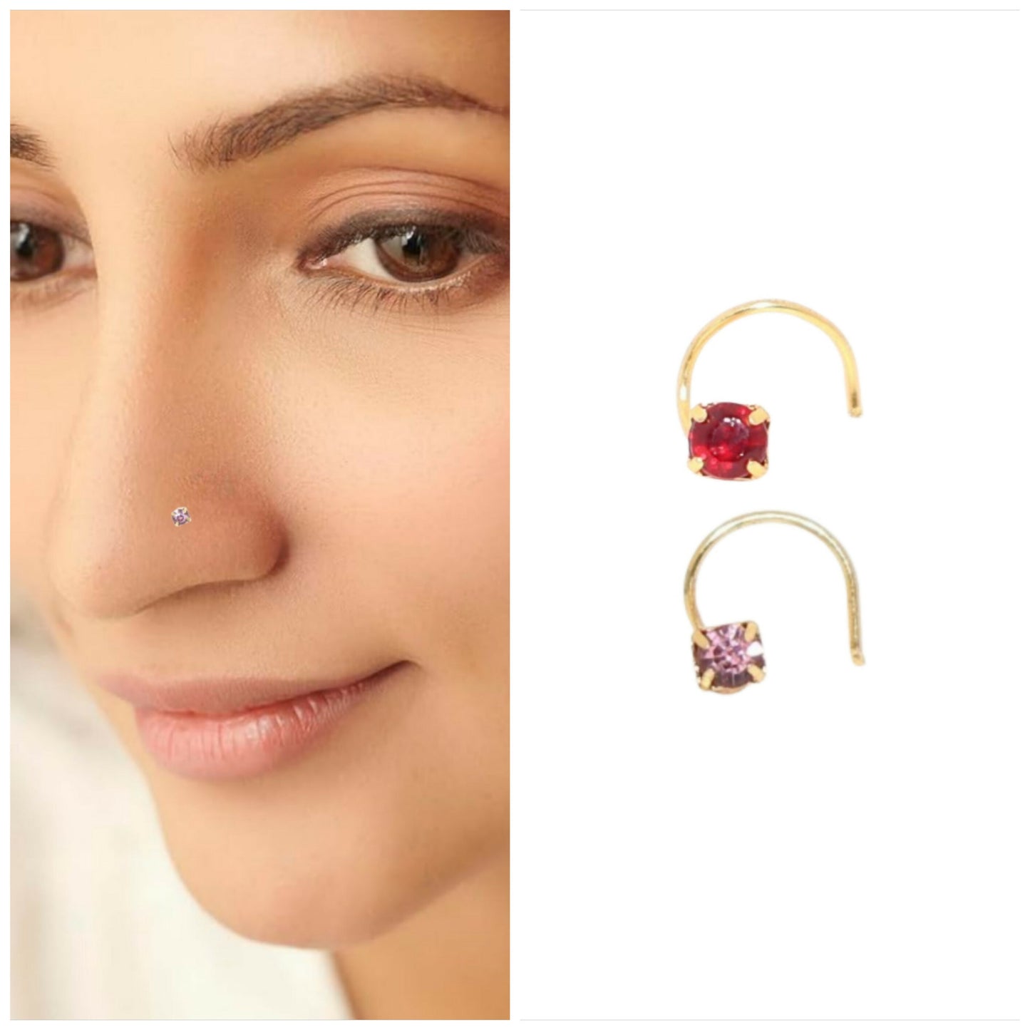 Gold plated pink crystal nosepin featuring soft lavender pink stone