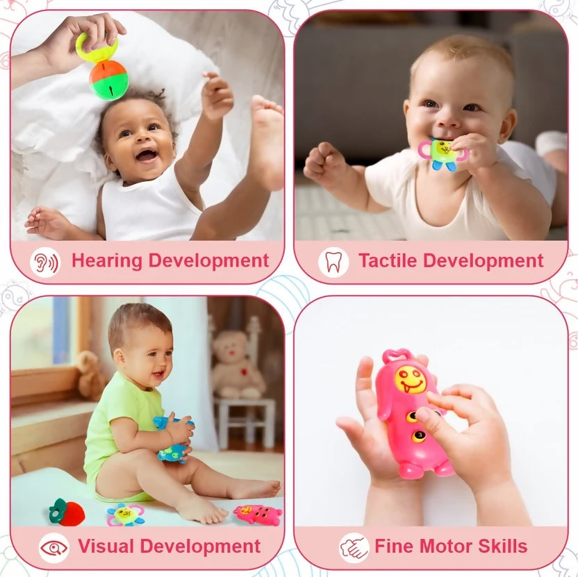 Four square panels show babies interacting with the toys, highlighting hearing, tactile, visual, and fine motor skill