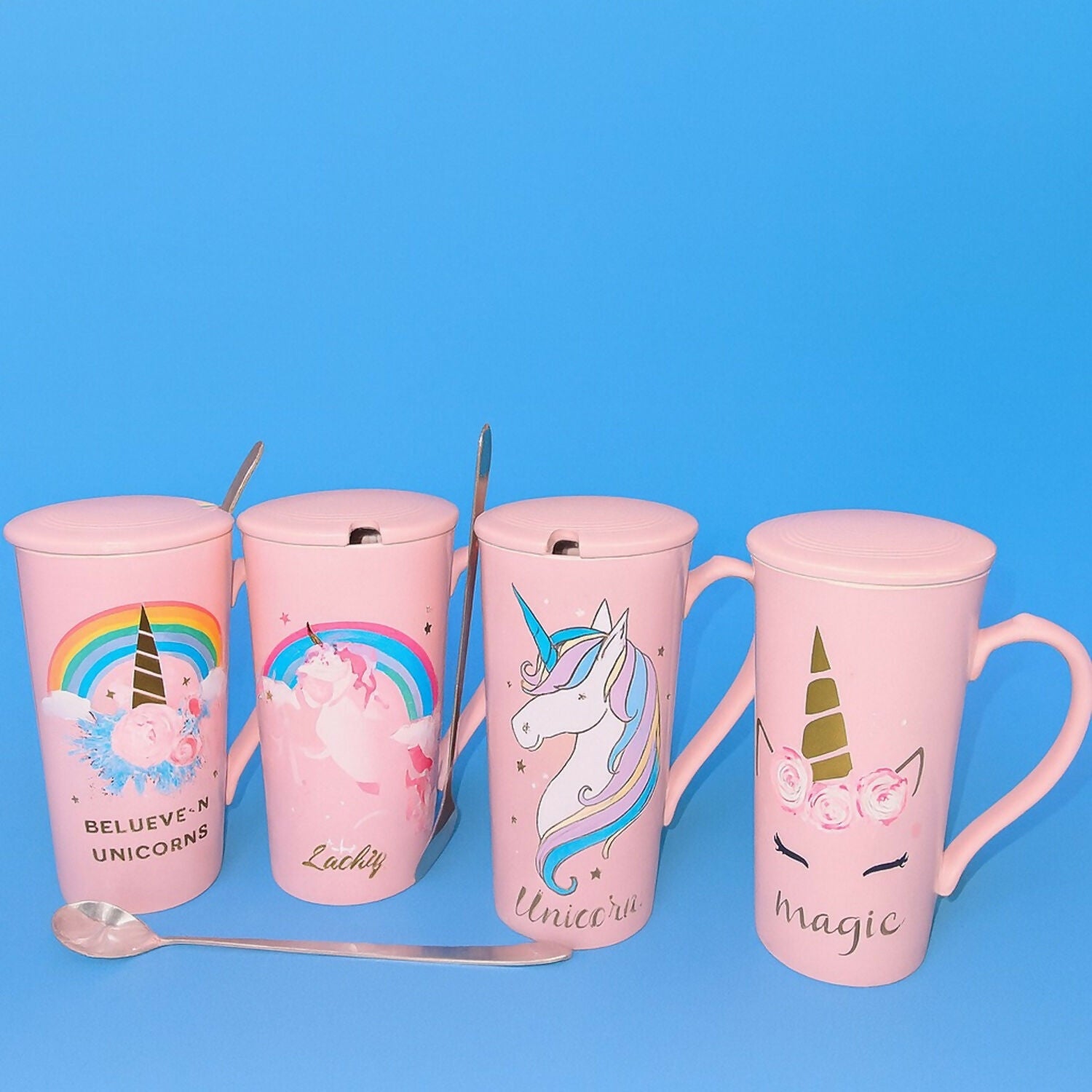 Premium Unicorn Printed Ceramic Mug With Golden Lid & Spoon | Cute Pink Coffee Mug With Lid For Girls, Office & Home Use | 400ml Large Capacity Tea Cup | Gift For Birthday, Kids, Women, Magic Unicorn Printed Cup (Pack of 1)