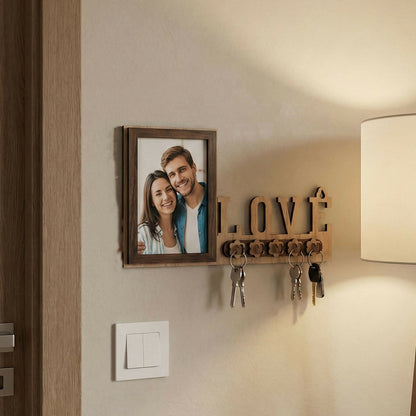 Wooden Photo Frame Key Holder with LOVE Cutout & 5 Hooks – 8 x 12 Inch