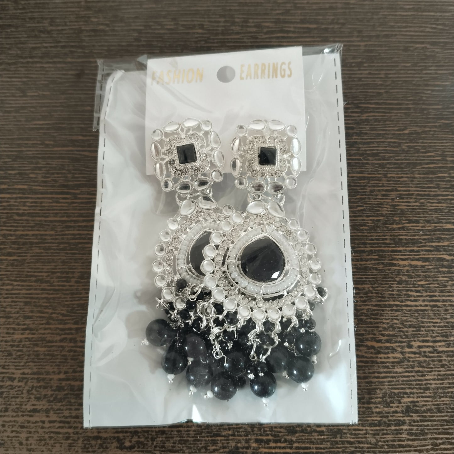 Elegant Oxidized Silver & Black Stone Chandbali Earrings