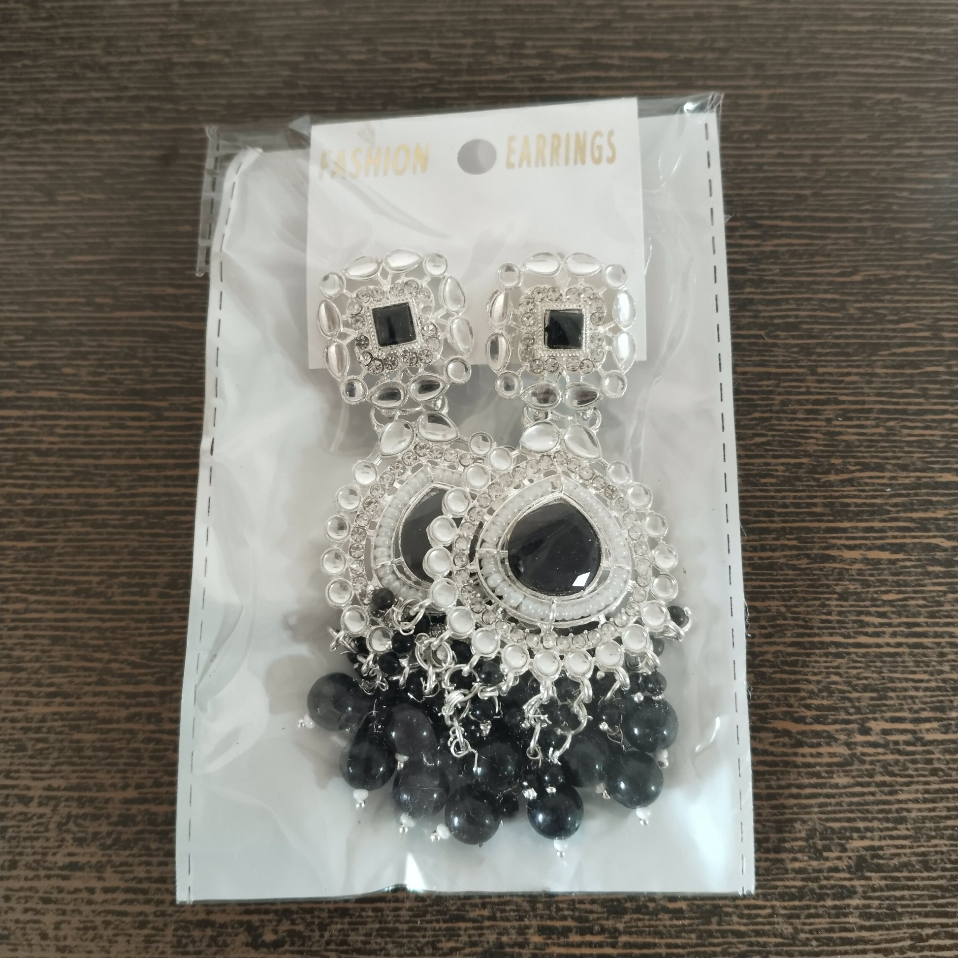 Elegant Oxidized Silver & Black Stone Chandbali Earrings