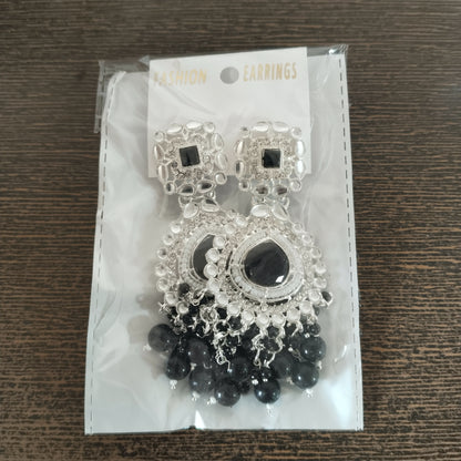 Elegant Oxidized Silver & Black Stone Chandbali Earrings