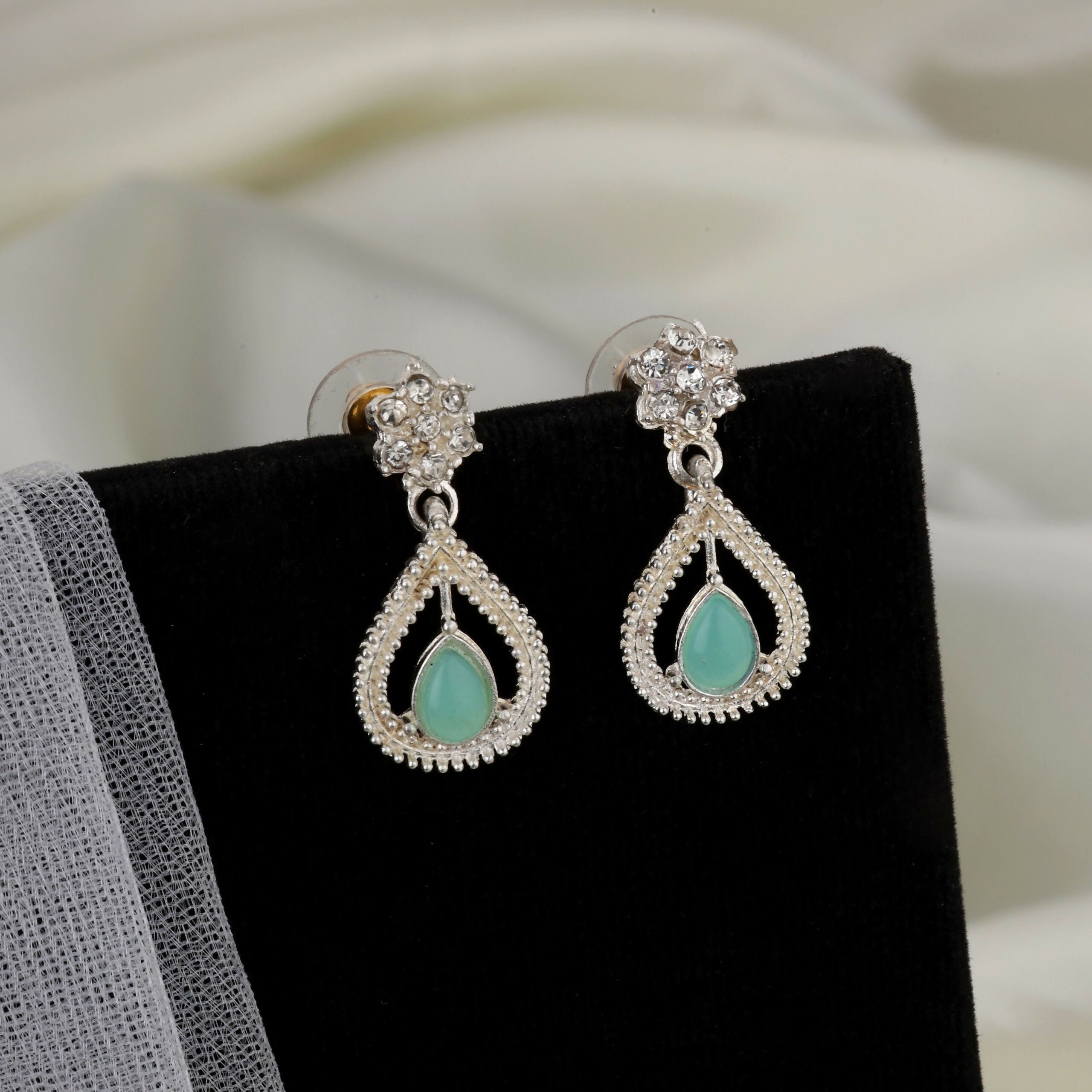 Pearl Chain Necklace Set – Traditional Mint-Green & AD Stones