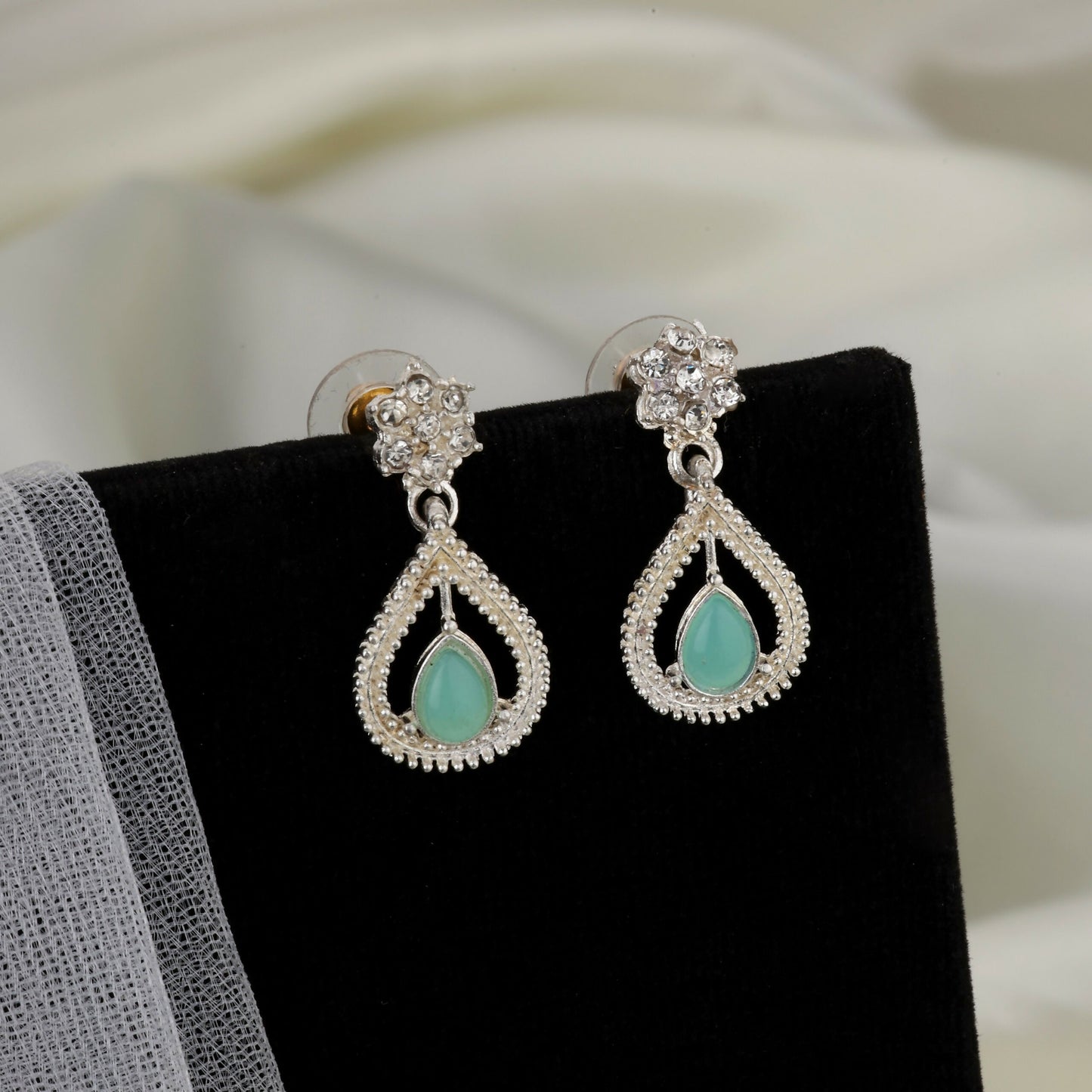 Traditional Pearl Chain with Mint-Green & AD Drop Necklace Set