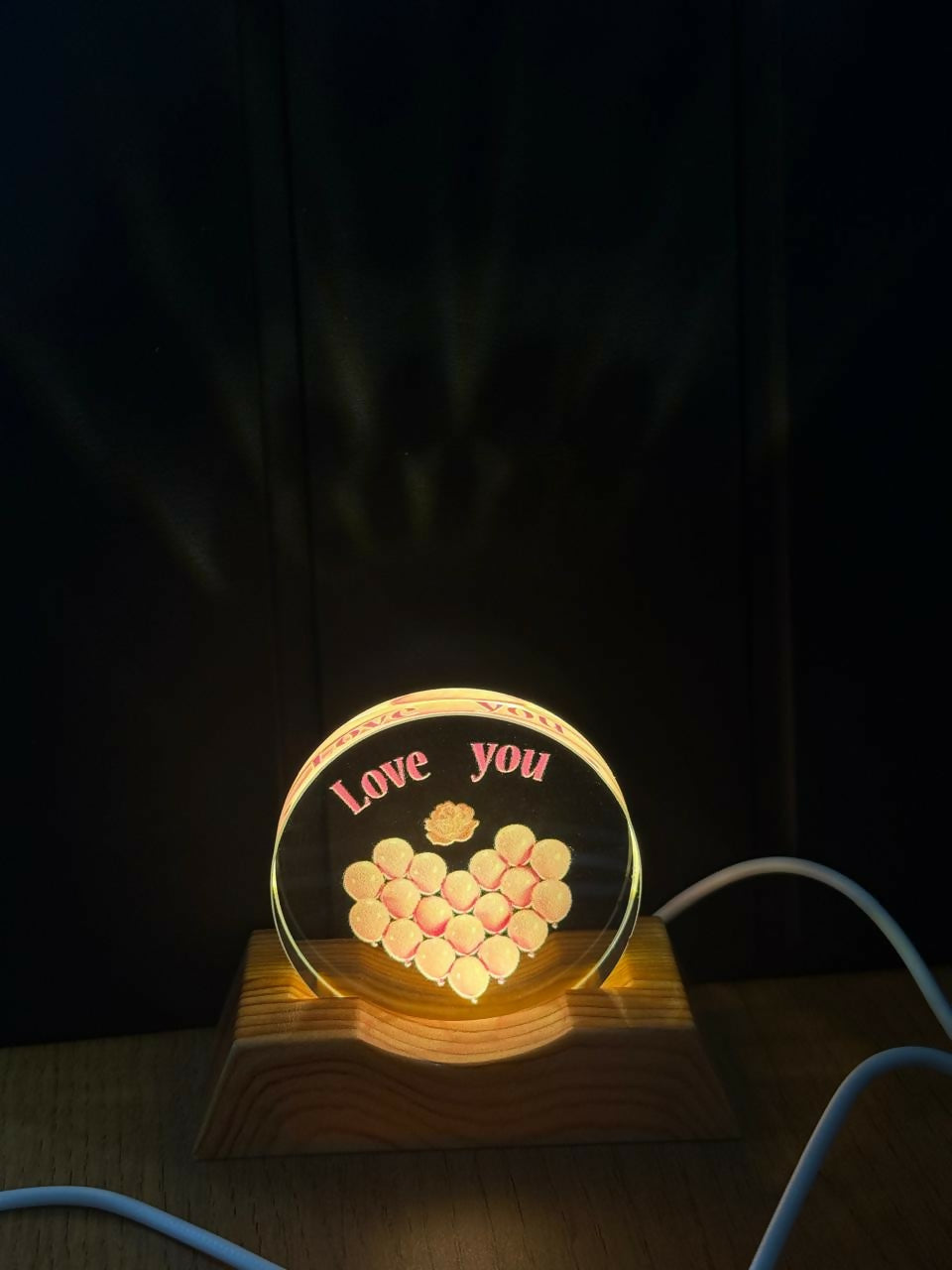 Love You Acrylic LED Lamp with Wooden Base Romantic Heart Gift Light