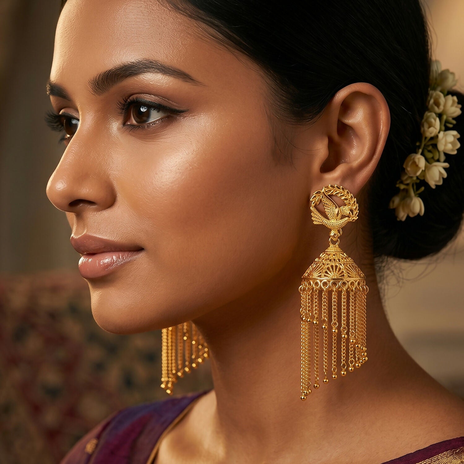 Golden Leaf Design Long Chain Tassel Jhumka Earrings for Women