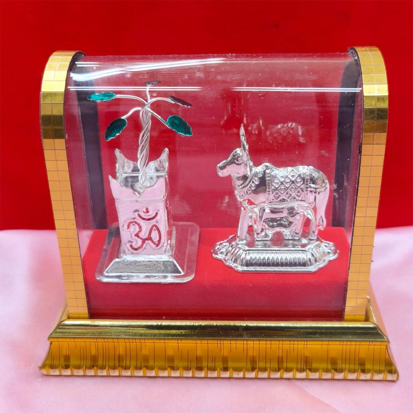 Silver Decorative Cow and Kalash Set in Premium Glass Dome for Pooja and Home DÃ©cor