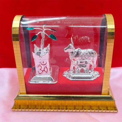 Silver Decorative Cow and Kalash Set in Premium Glass Dome for Pooja and Home DÃ©cor