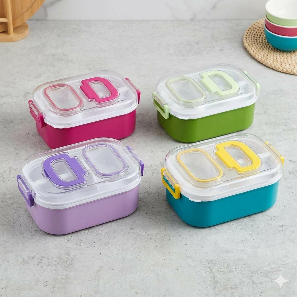 Top view of Mighty Lunch Box with secure lid and utensils