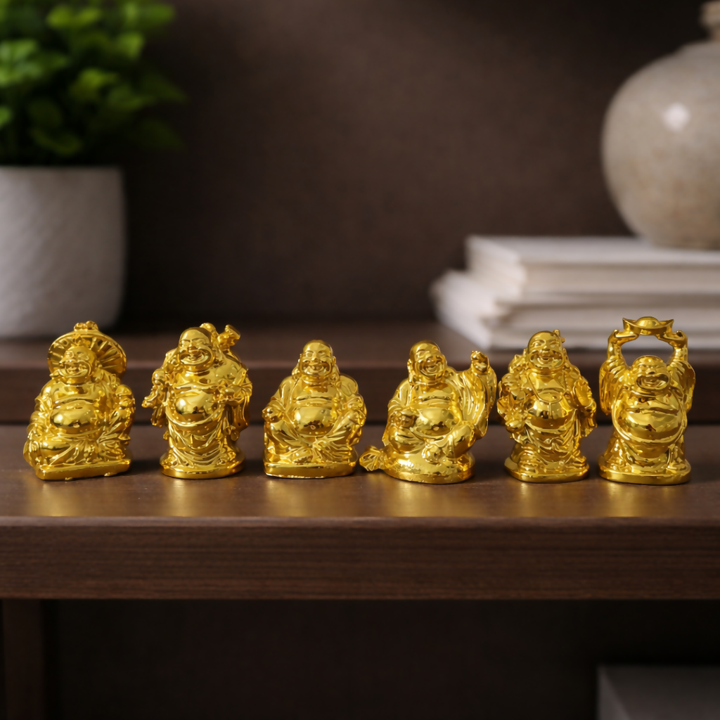 Laughing Buddha Idol Set of 6 for Home Decor, Office Desk & Gifting