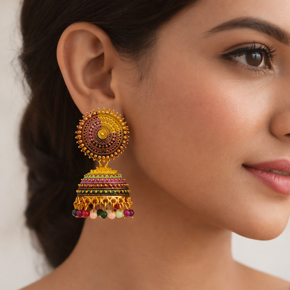 Close-up of dome-shaped jhumka with purple and green enamel detailing