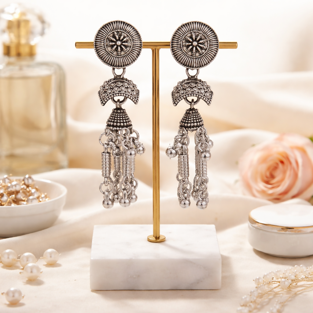 Elegant Oxidised Silver Traditional Jhumka Earrings for Women
