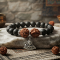 Mahadev Face Charm Bracelet with Rudraksha and Matte Black Beads in Spiritual Style