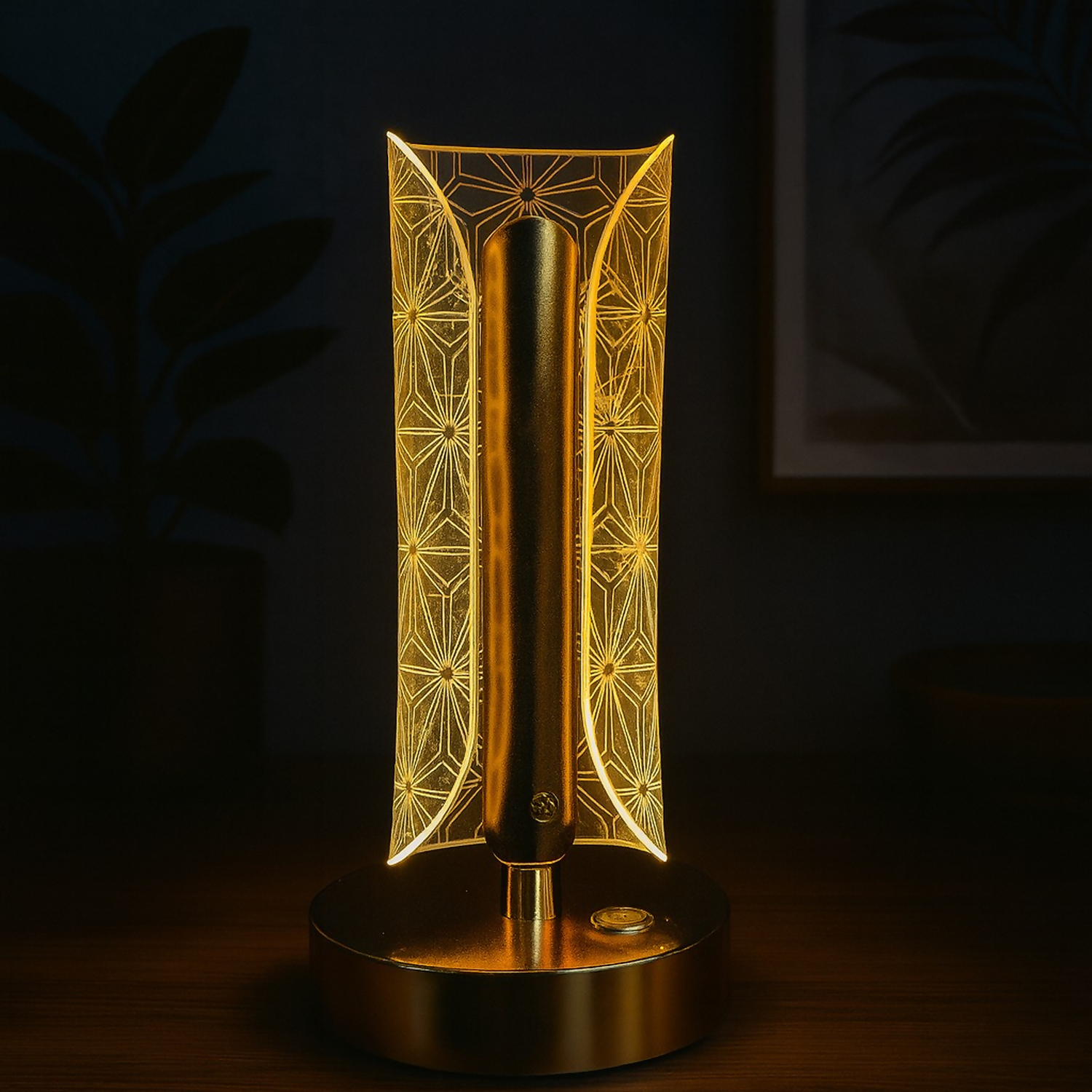Golden LED Geometric Table Lamp with Acrylic Light Panel