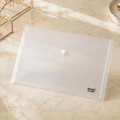 Close-up of snap button on clear file folder