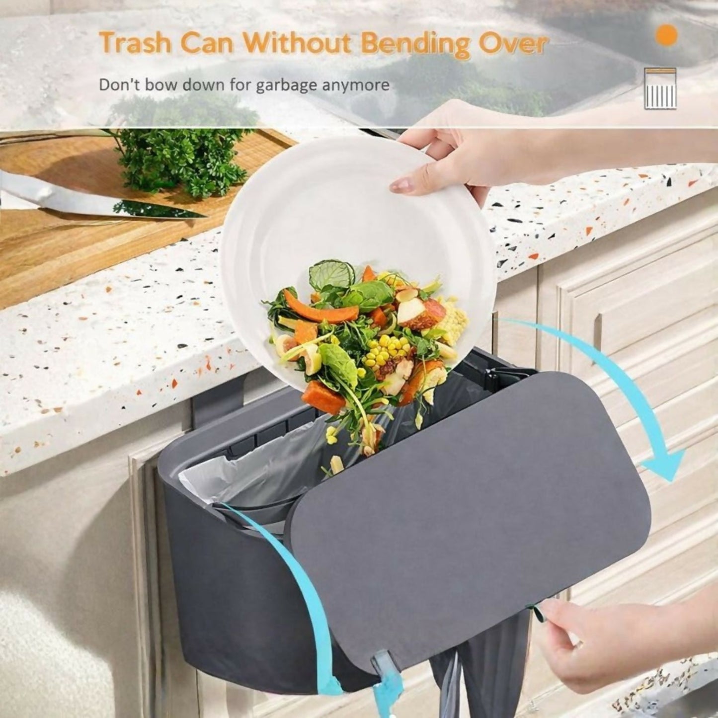 A person's hands are shown, one holding a plate of food scraps to dump into a grey dustbin, the other opening its lid.
