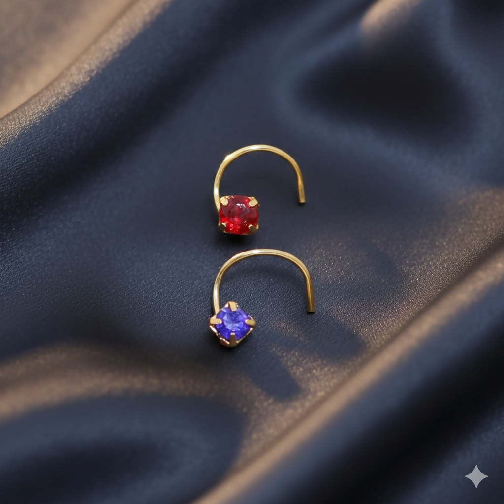Gold plated crystal nose pin set with bright sky blue crystal