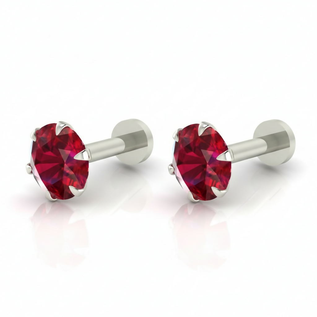 Red ruby nose pin stud showing the secure six-prong silver plated setting