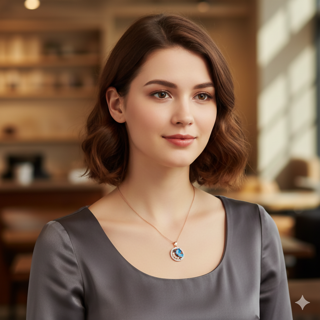 Rose gold plated chain with blue butterfly circle pendant necklace for women