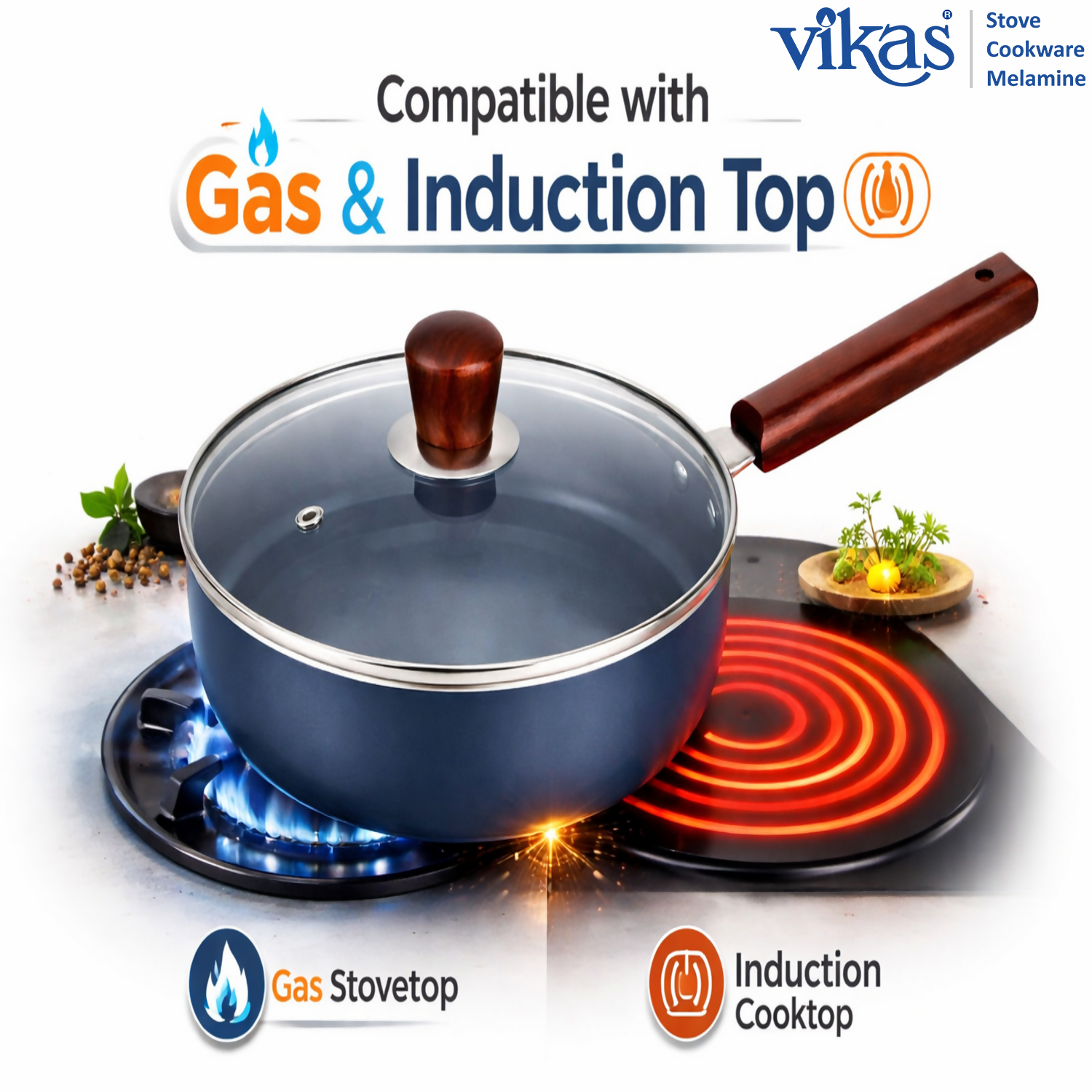 Vikas Ceramic Frypan with Glass Lid Blue handle close-up