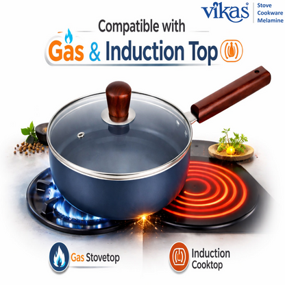 Vikas Ceramic Frypan with Glass Lid Blue handle close-up