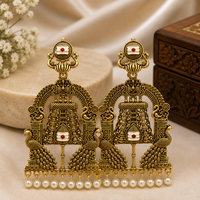 Premium Antique Gold Temple Peacock Designer Long Earrings with Pearl Drops