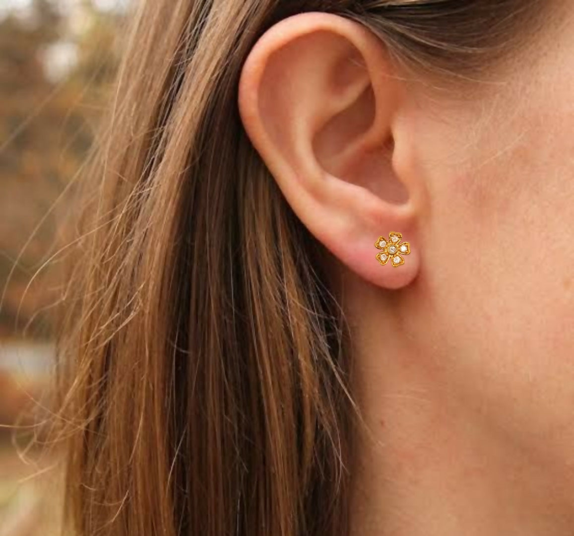 Diamond & Gold Filigree Square Stud Earrings | Floral Design AD for women & girls