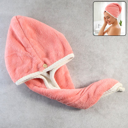Soft Microfiber Hair Drying Towel Cap with Button Loop (1 Pc)