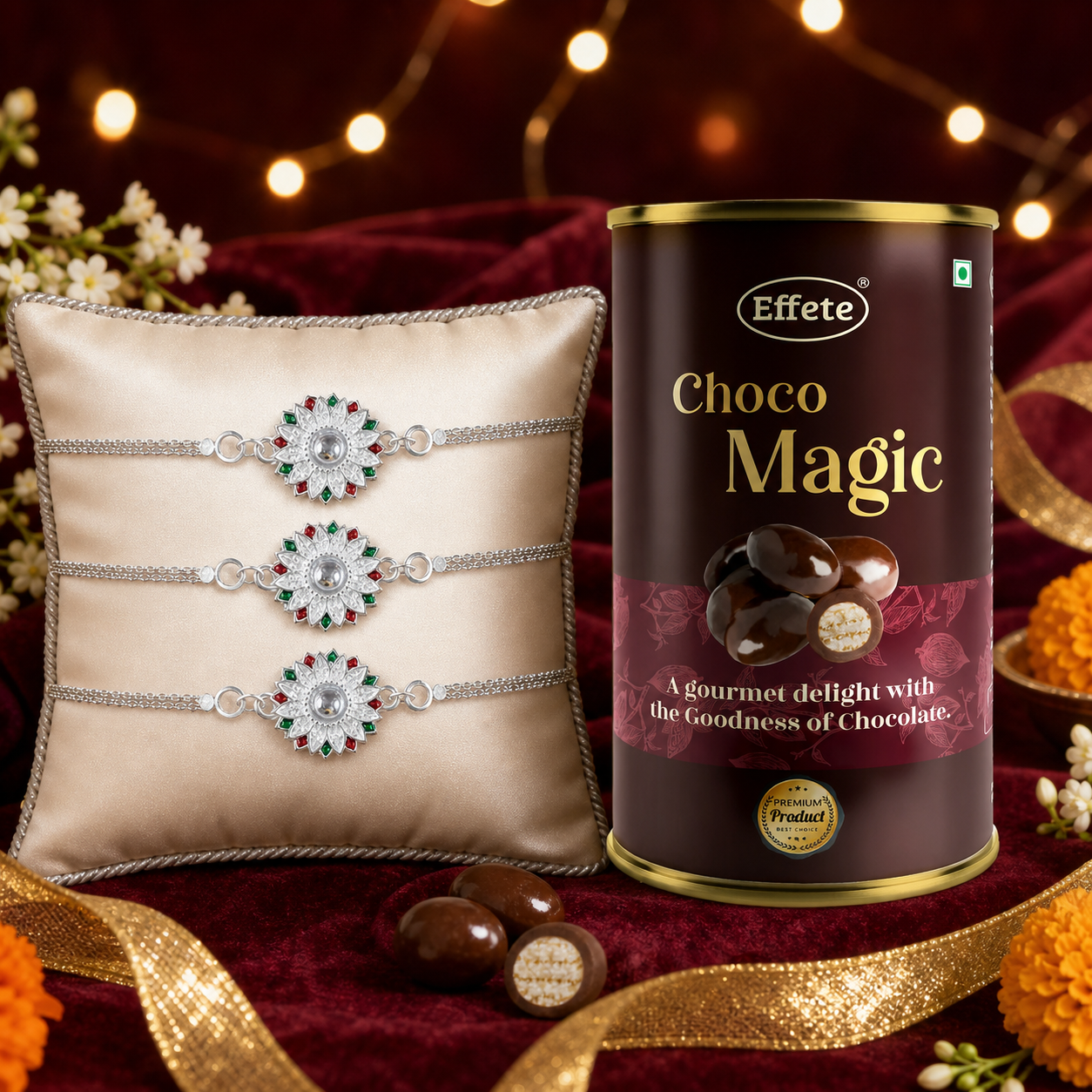 Silver Floral AD Bracelet Rakhi with Choco Magic, Pack of 3