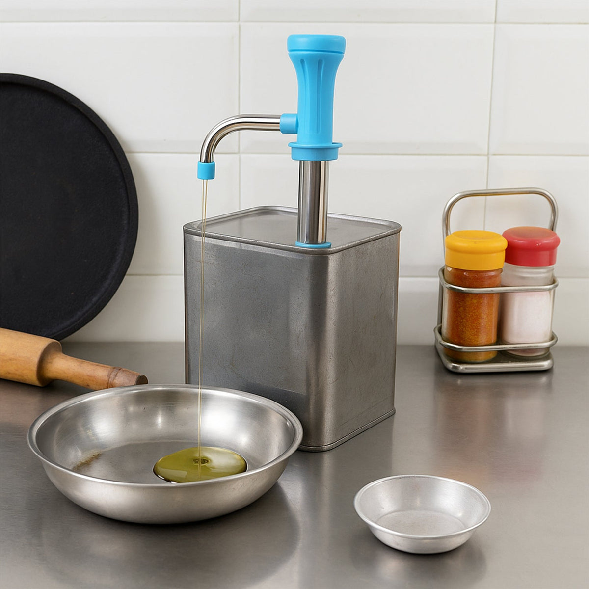 Kitchen Utility Combo – Manual Water Pump, Oil Dispenser Bottle & Stainless Steel Oil Strainer Pot