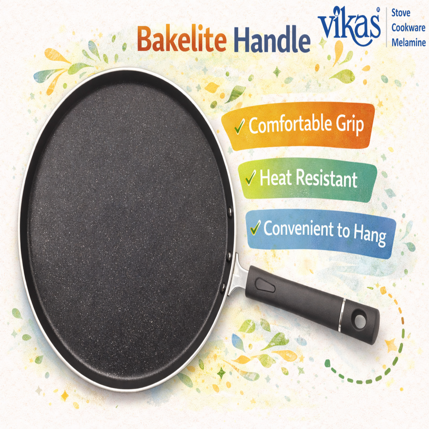 Vikas Non-Stick Dosa Tawa 3.0mm Thick Flat Pan with Bakelite Handle Smooth Cooking Tawa