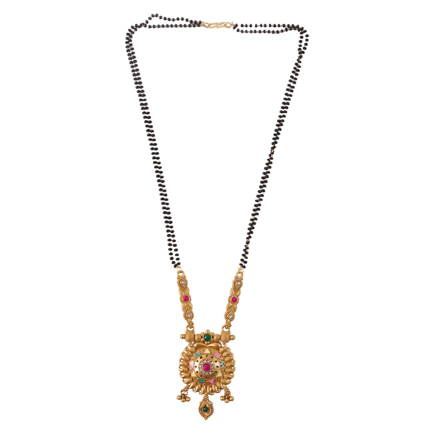 Antique Finish Sun Wheel Pendant with Multi-Petal Enamel Double Strand Mangalsutra