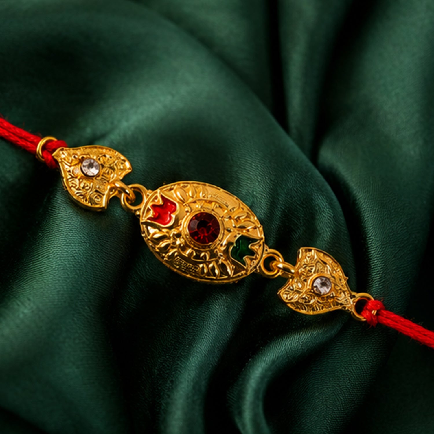 Sacred Bond Designer Gold Rakhi with Ruby & Emerald Stone