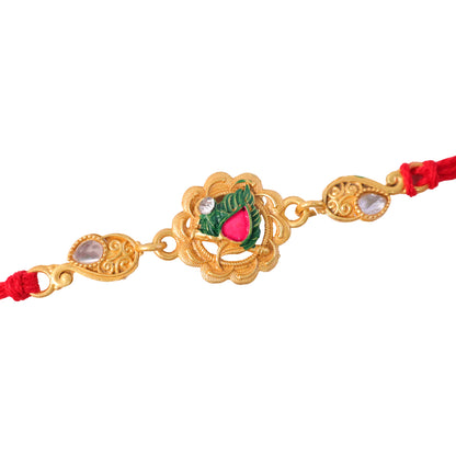 Classic Rakhi with Shri Plaque, ornate work and thread style for Festive Display