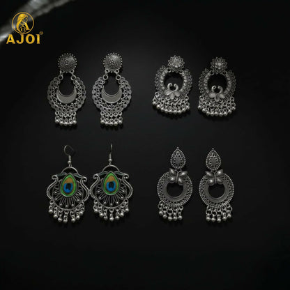Traditional Oxidised Silver Earrings Combo Set for Women And Girls(PACK OF 4)