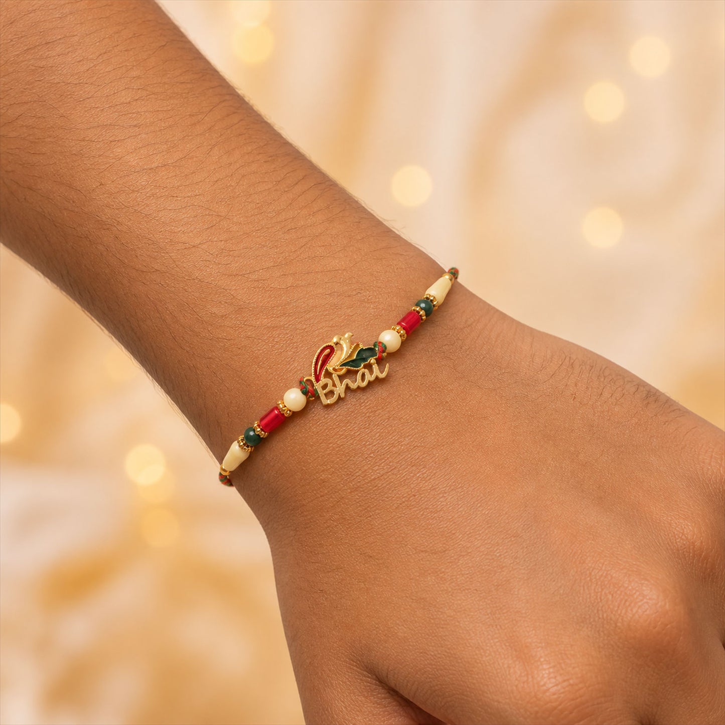 Bold Rakhi showcasing Devanagari Script Charm, bead line and plaque look for Gift Use