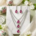 Pink Teardrop Crystal Layered Necklace & Earrings Set Silver Bridal Party Jewellery
