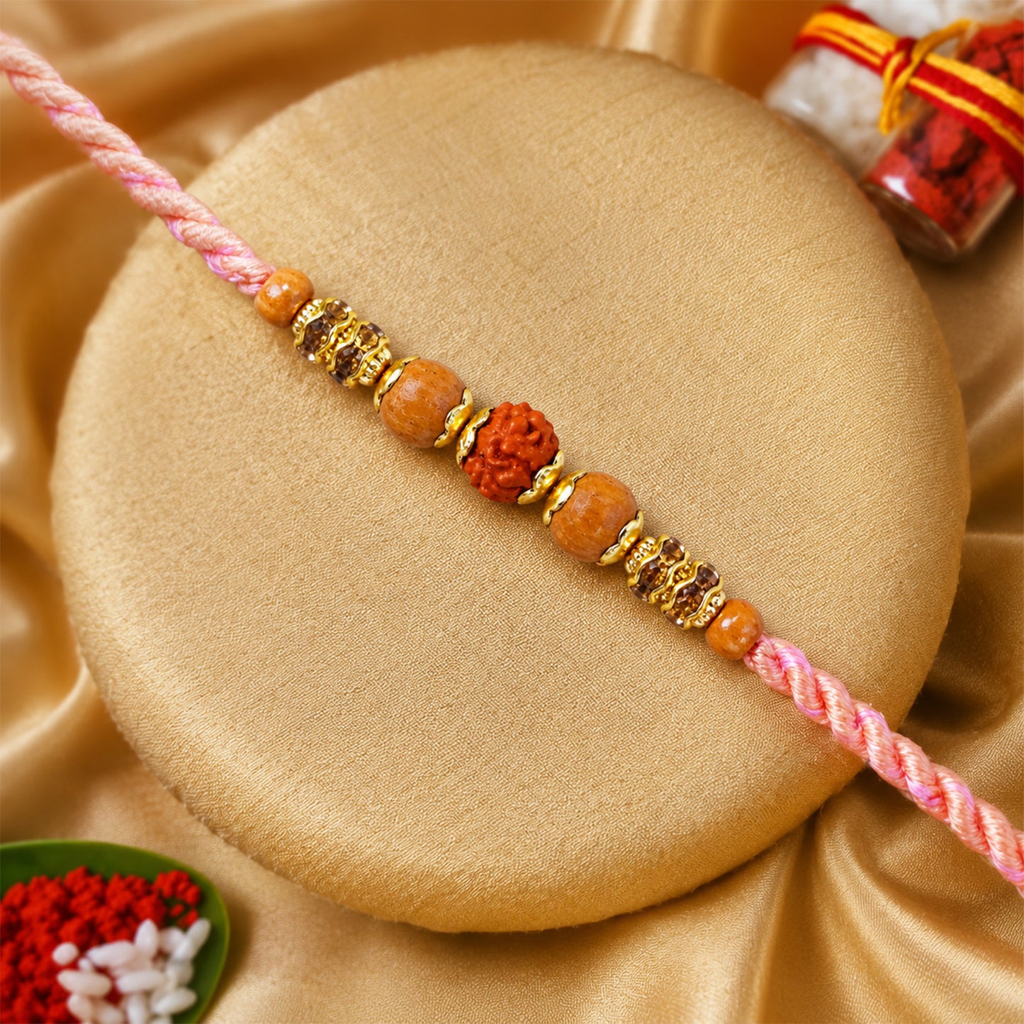 Beautiful Silver Style Rakhi with Soft Beads, Stone Detail and Premium Festive Look