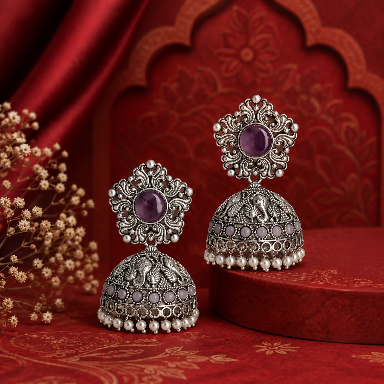 Oxidized silver jhumka earrings with purple stones and pearls front view