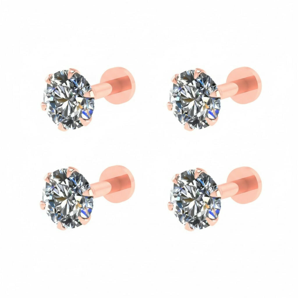 Combo pack of four rose gold flat back diamond stud earrings for sensitive ears