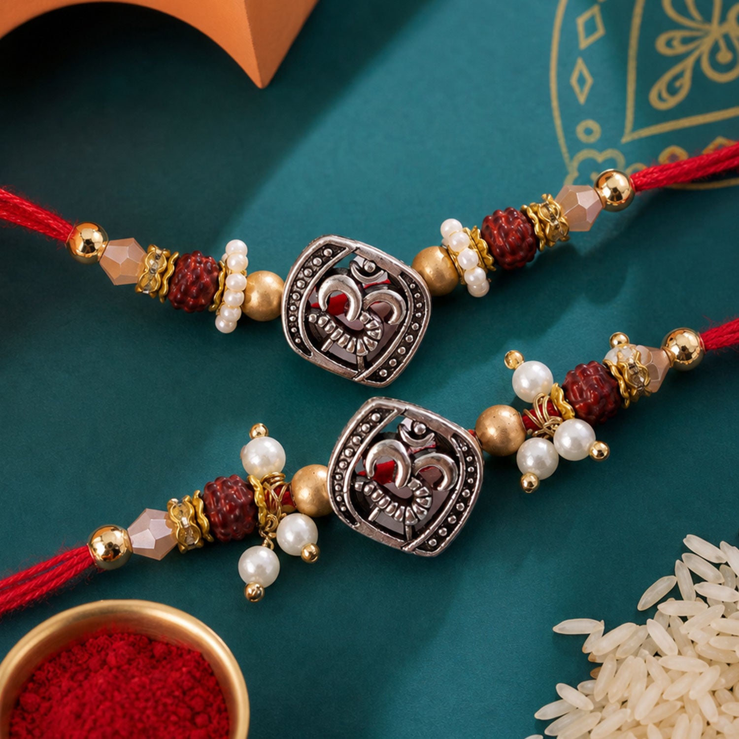 Om Face Designer Rakhi Set for Brother & Couple Rakhi with Pearl Beads and Red Thread