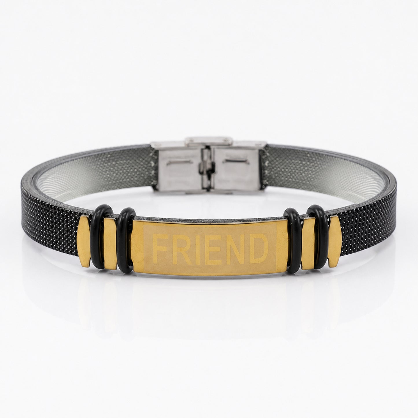 FRIEND Bracelet Rakhi with Black Band and Gold Name Plate for Raksha Bandhan Gift
