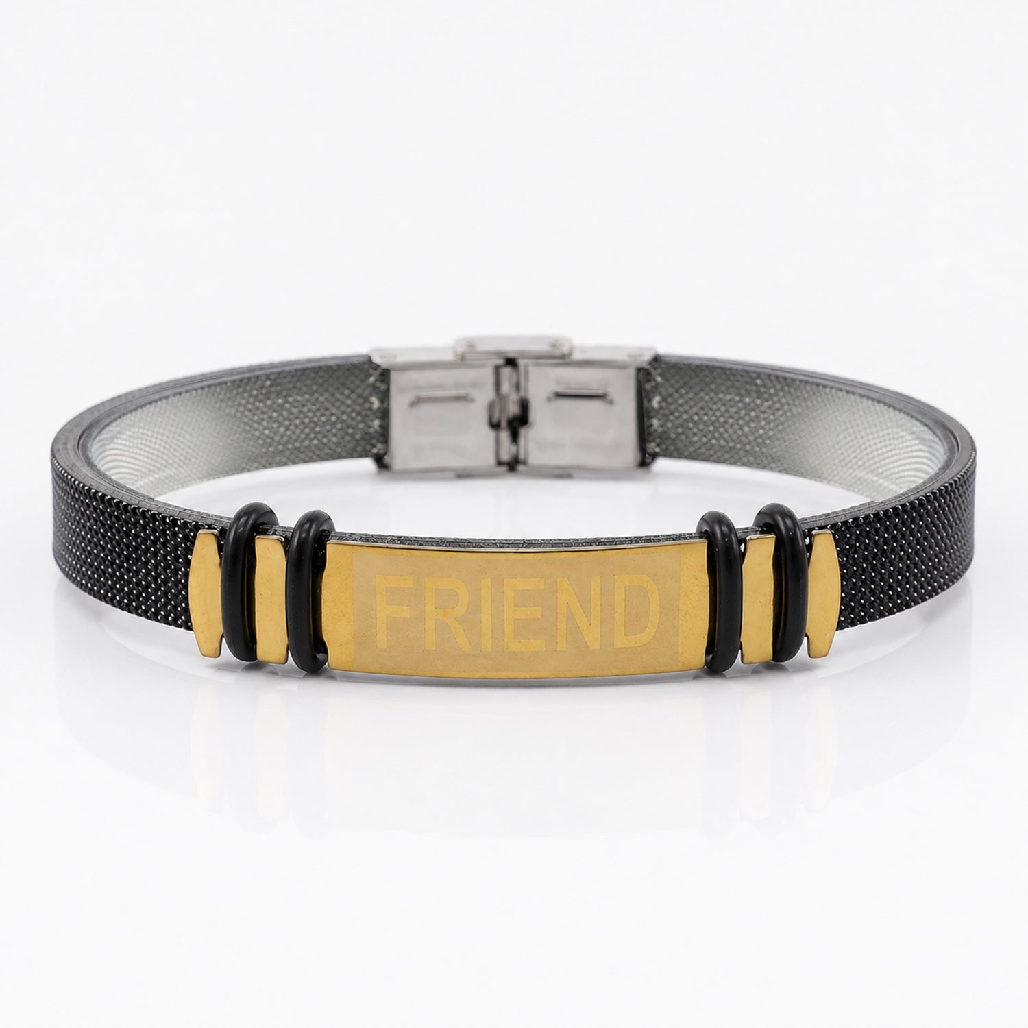 FRIEND Bracelet Rakhi with Black Band and Gold Name Plate for Raksha Bandhan Gift
