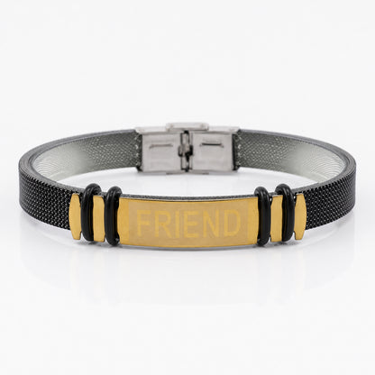 FRIEND Bracelet Rakhi with Black Band and Gold Name Plate for Raksha Bandhan Gift
