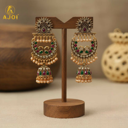 Peacock Motif Antique Gold Finish Chandbali Jhumka Earring