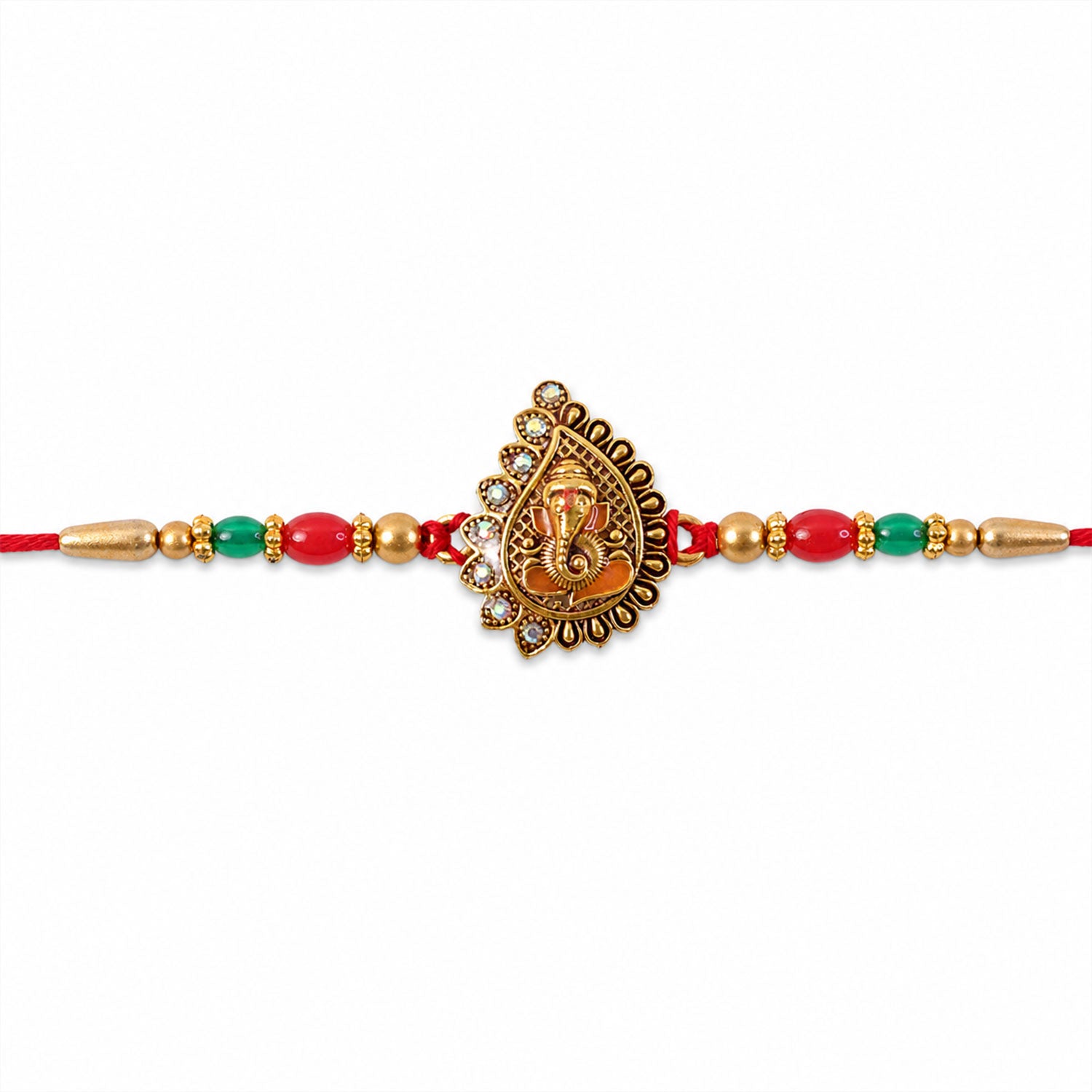 Antique Golden Ganesha Rakhi with Red & Green Beads and Crystals (5pcs)
