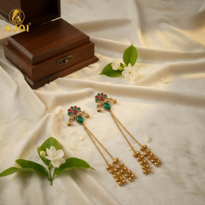 Kashmiri traditional long latkan earrings displayed on white background