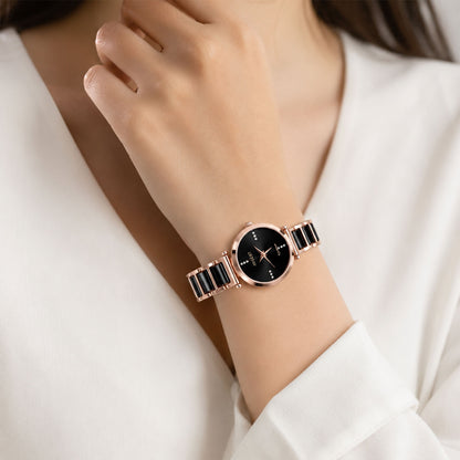 Rose Gold Round Dial Watch with Black Butterfly Shape Bracelet for Women