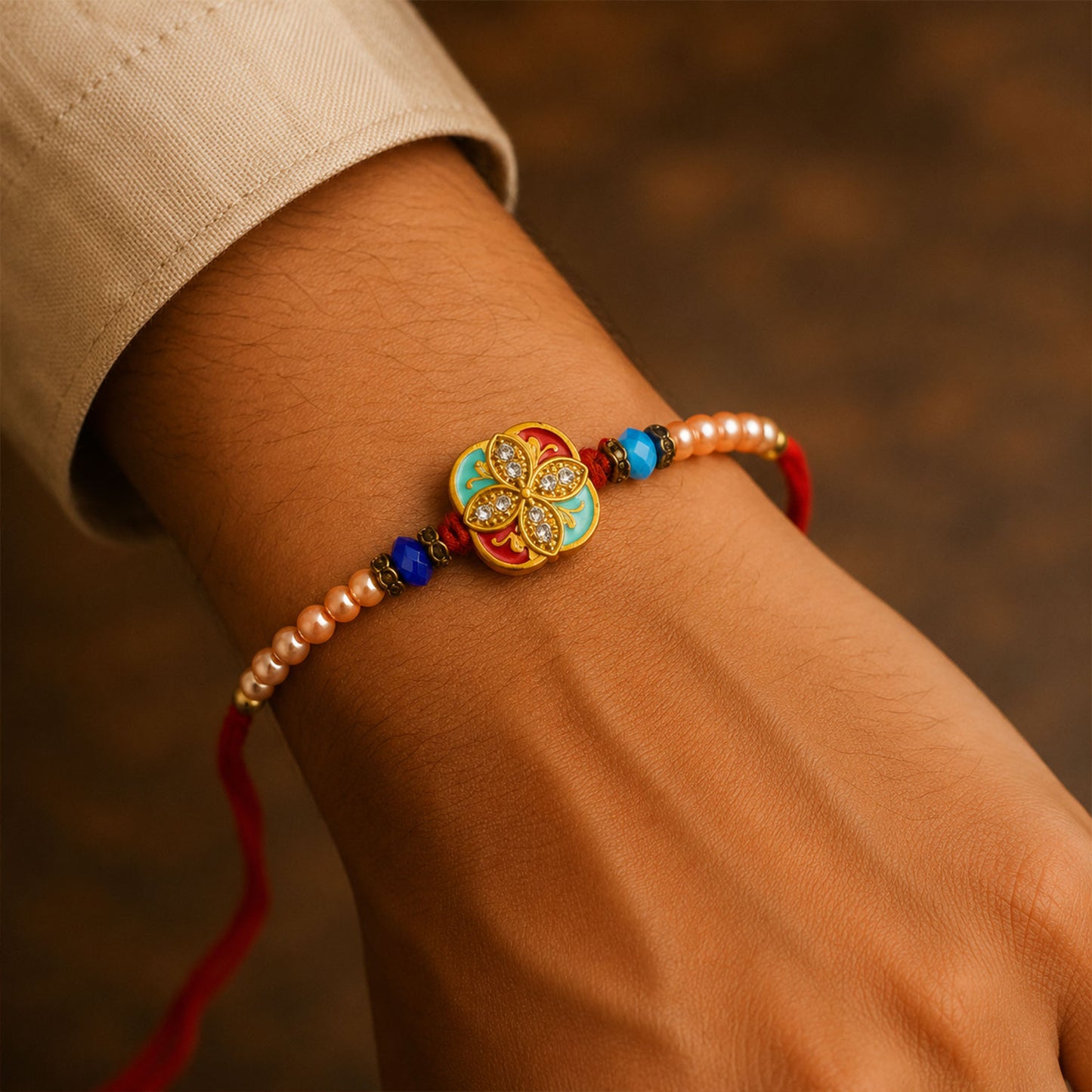 Royal Turquoise Meenakari Floral Rakhi for Brother with Pearls & Beads